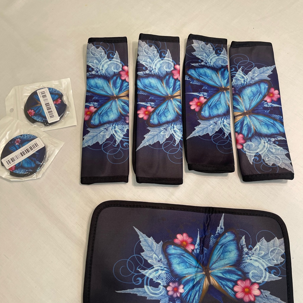 Frienda 7 Pcs Butterfly Car Accessories Blue Seat Belt Console Pads Cup Holder